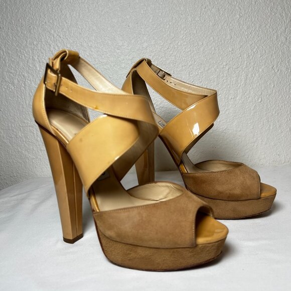 Jimmy Choo Fiery Patent Platform Ankle Strap Heel Sandals Beige EU 38 US 8 Luxe - Picture 4 of 16